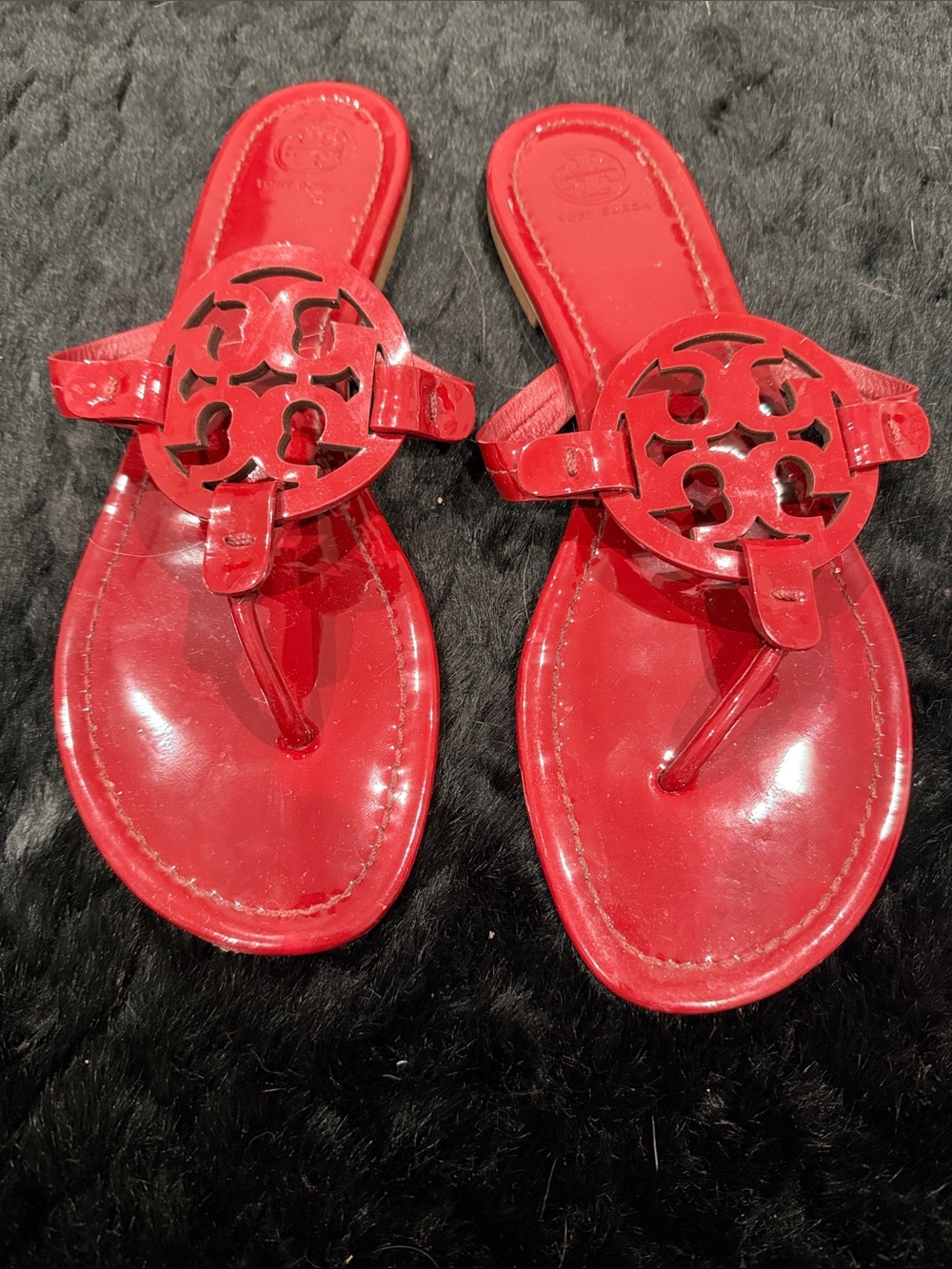 Tory Burch Red Patent Leather Logo Thong Sandals